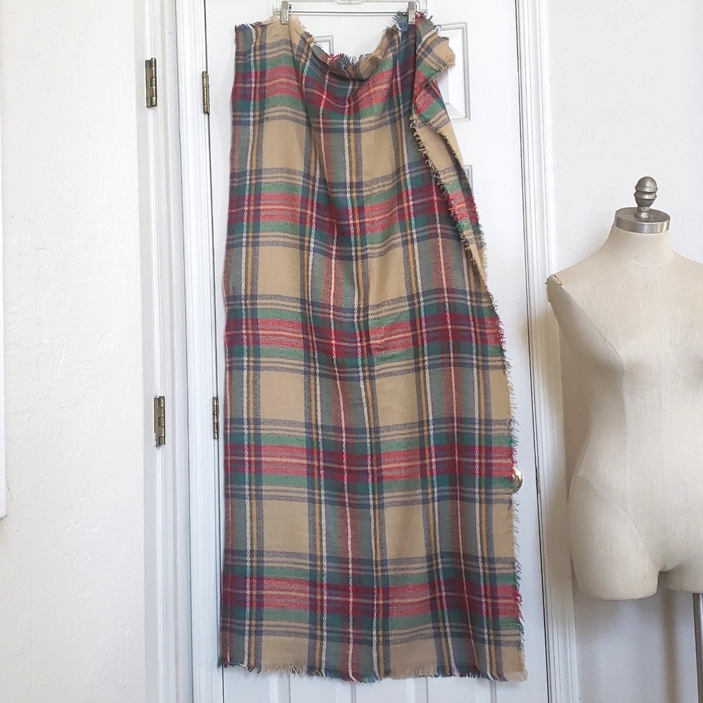Oversized Plaid Blanket Scarf Tan Red Blue Green Fringe Warm Holiday Cozy - Picture 5 of 8